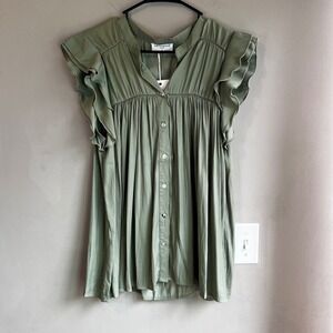 Annie Wear Olive Green Button Down Ruffle Sleeve Blouse Top